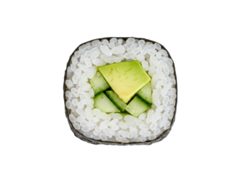 Isolated sushi roll with rice, seaweed, cucumber, and avocado for Asian restaurants