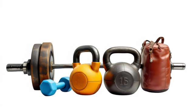 Weightlifting equipment including kettlebells, dumbbells, barbell, and gym bag isolated on transparent background perfect for fitness, strength training, and workout concepts