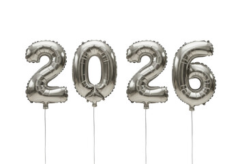 Isolated shiny helium foil balloons forming the year 2026 for party decorations, design © Sophie