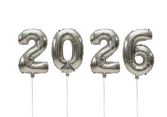 Isolated shiny helium foil balloons forming the year 2026 for party decorations, design