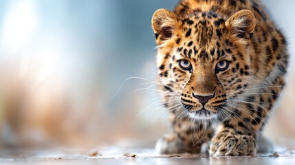 Fototapeta premium A close-up of a playful leopard cub exploring its natural habitat, showcasing the wild charm and beauty of wildlife through expressive features and a soft, focused background.