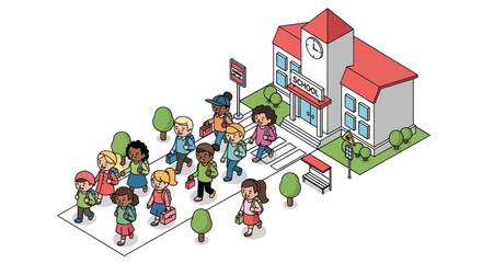 Children Crossing Street Near School Building Illustration.