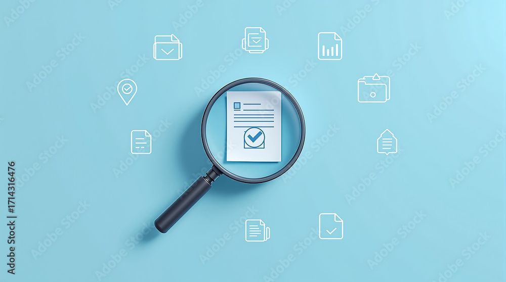 Poster document review process with magnifying glass for audit compliance and approval checklist concept
