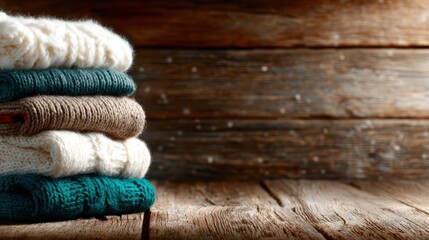 A collection of soft, cozy knit sweaters stacked neatly, showcasing their textures and inviting warmth, perfect for fashionable winter wear or a comfy day indoors.
