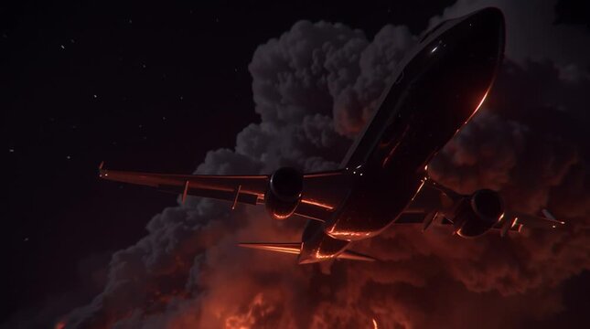 Plane flies dangerously close to erupting volcano at night with lava and smoke rising into the sky