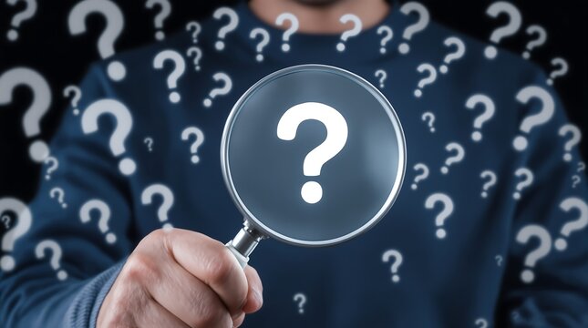 Solving questions finding answers with magnifying glass and question marks concept for research and ideas