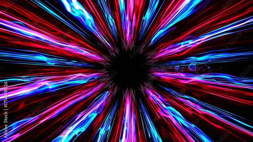 Poster colorful energy rays converging towards a central point in a dynamic abstract background, creating a