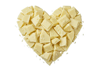 Isolated heap of creamy white chocolate chunks arranged in heart shape, candy treat