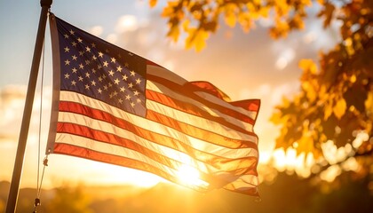 American flag waving in sunset
