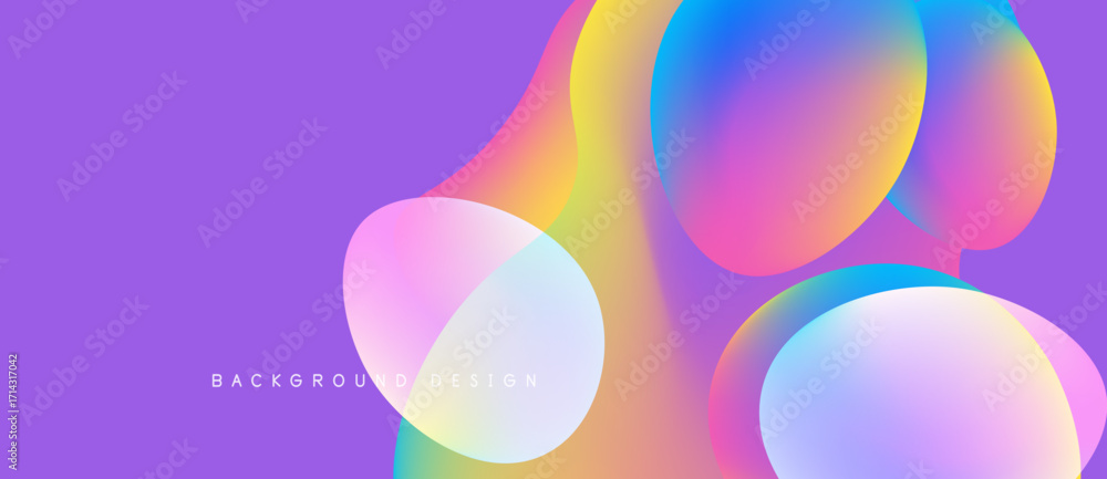 Poster abstract colorful shapes overlap purple background. gradient hues create modern visual effect. desig
