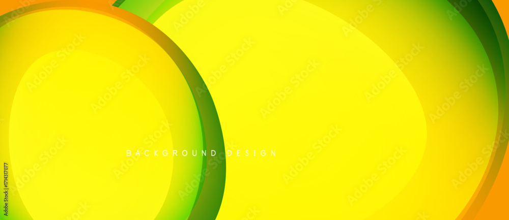 Poster bright yellow background features overlapping curved shapes. gradient colors create dynamic visual e