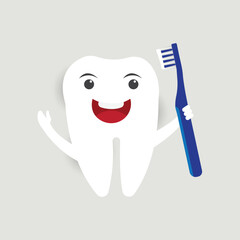 Happy cartoon tooth character holding a toothbrush and giving a thumbs up for dental hygiene