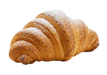 Isolated French croissant pastry with powdered sugar, tasty breakfast baked good, bakery item