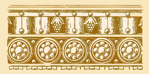 Vintage decorative border with floral motifs and geometric patterns in sepia tones © Partha