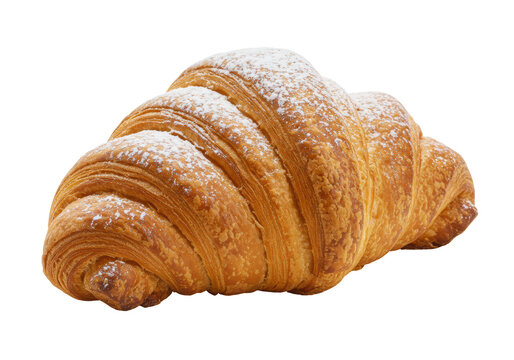 Isolated French croissant pastry with powdered sugar, tasty breakfast baked good, bakery item