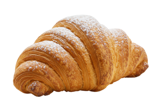 Isolated French croissant pastry with powdered sugar, tasty breakfast baked good, bakery item