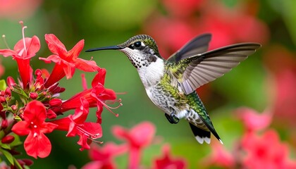 Hummingbird in flight near bright red flowers
