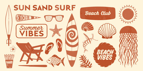 Retro summer beach vibes collection with sun sand surf and beach club elements