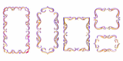 Collection of ornate decorative frames and borders in purple gold and pink hues with elegant swirling designs