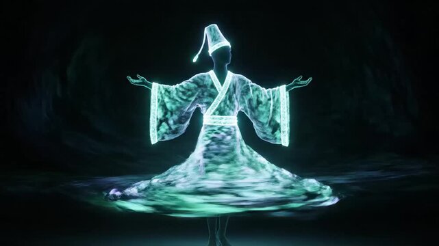  Whirling Dervish, with intricate, glowing fractal patterns reminiscent of spiraling robes and rhythmic devotio