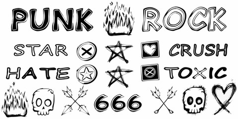 Collection of punk rock symbols and words including skulls flames hearts stars and the number 666