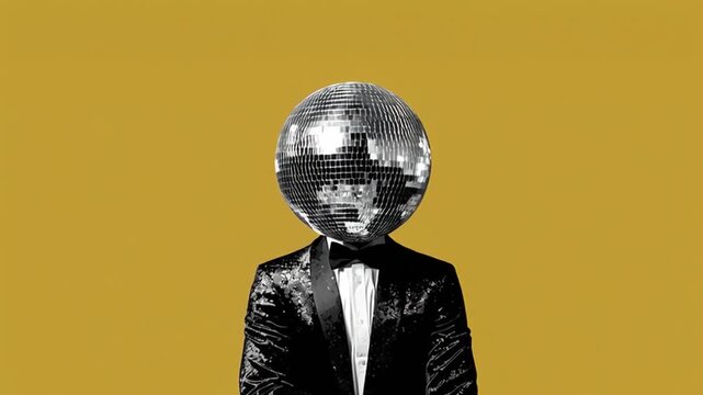 A young man in a party outfit, wearing a tuxedo, ready to go out, with a disco ball instead of his head, illustrated in a vertical video format.