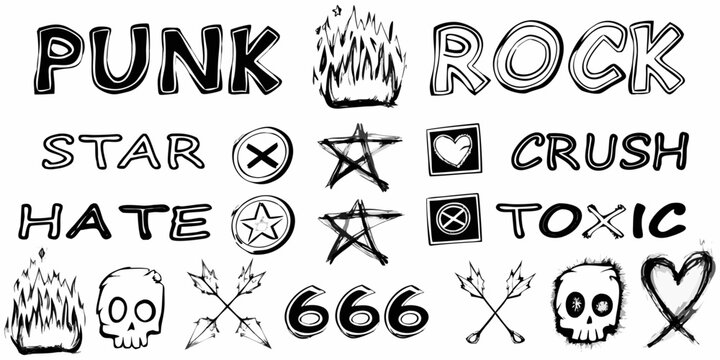 Collection of punk rock symbols and words including skulls flames hearts stars and the number 666