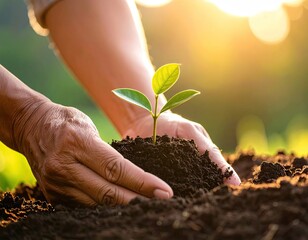 Hands Planting a Young Tree Sapling in Rich Soil at Sunset