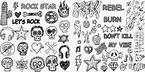Collection of hand drawn rock and roll symbols and text doodles in black and white