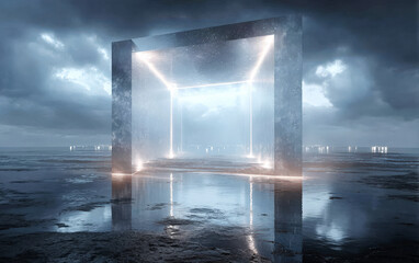 Obraz premium Mysterious glowing portal in a surreal and dark landscape scene