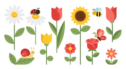 Collection of Vibrant Spring Flowers and Insects.