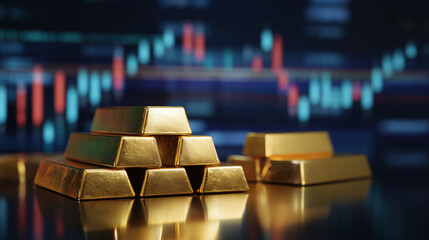 Fototapeta premium Stack of gold bars displayed on reflective surface with blurred financial chart in background, symbolizing wealth, investment, commodity trading and market value in modern finance.
