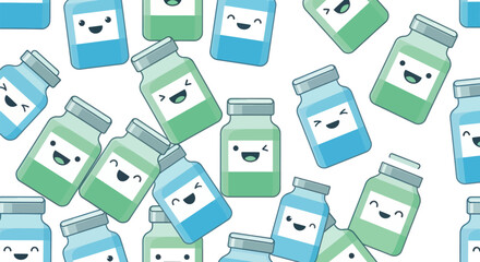 A cute cartoon pattern of smiling blue and green medical vaccine vials with happy faces.