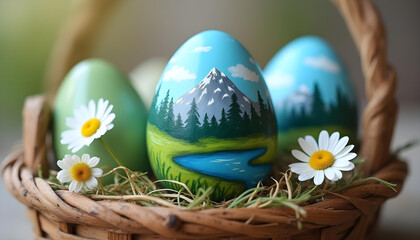 Design an Easter egg painted with a hand-drawn mountain landscape — blue skies, green fields, crystal lakes, and pine trees wrapping around the curved shell. 