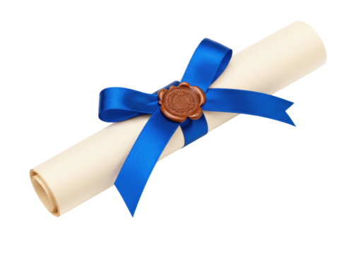Isolated Diploma or Certificate Scroll Tied with Blue Ribbon and Brown Wax Seal Ornament