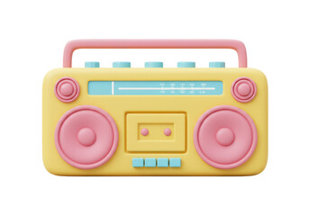 Isolated Retro-style boombox with pastel pink speakers, yellow body, and pale pink handle
