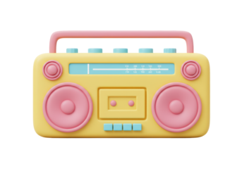 Isolated Retro-style boombox with pastel pink speakers, yellow body, and pale pink handle