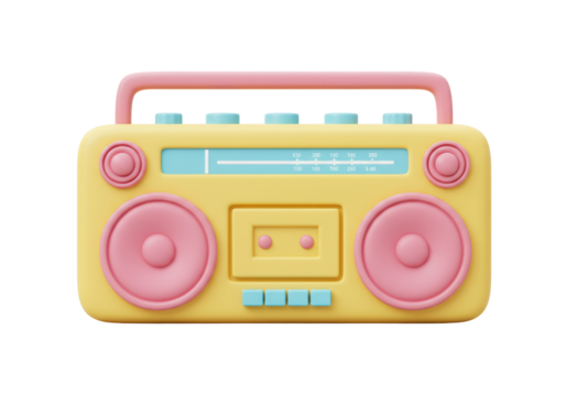 Isolated Retro-style boombox with pastel pink speakers, yellow body, and pale pink handle