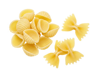 Isolated uncooked Italian pasta mix of conchiglie and farfalle, appetizing and delicious dry food