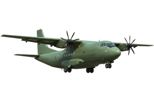 Isolated military transport aircraft against clear sky for cargo and troop transport operations