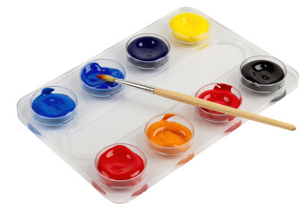 Isolated paint palette with paints in different colors and a paintbrush with no background