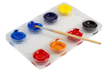 Isolated paint palette with paints in different colors and a paintbrush with no background