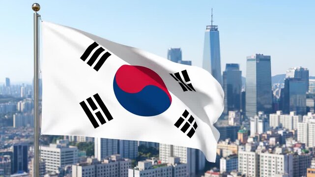  South Korean flag waving in front of Seoul skyline with skyscrapers