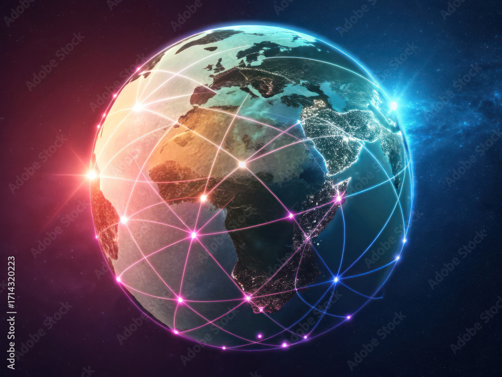 Aufkleber digital earth globe with neon network lines showing global connection and communication