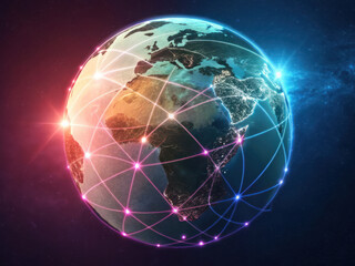 Fototapeta premium Digital earth globe with neon network lines showing global connection and communication