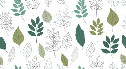 Seamless Pattern of Various Green and Outline Leaves.
