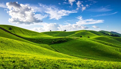 Fototapeta premium Rolling green hills and blue sky with clouds