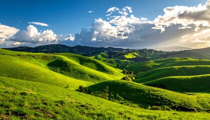 Obraz premium Rolling green hills and blue sky with clouds
