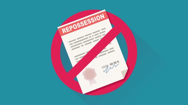 Appearance of a crossed out red circular prohibition symbol on a repossession document on blue background with long shadow in flat design style