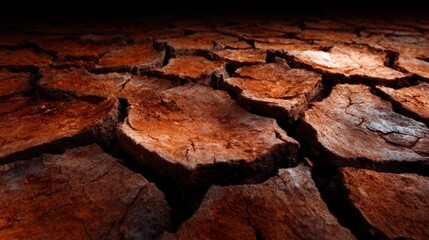 An intricate close-up image of dry, cracked soil, highlighting the consequences of drought and the fragility of nature, evoking feelings of concern and environmental awareness.